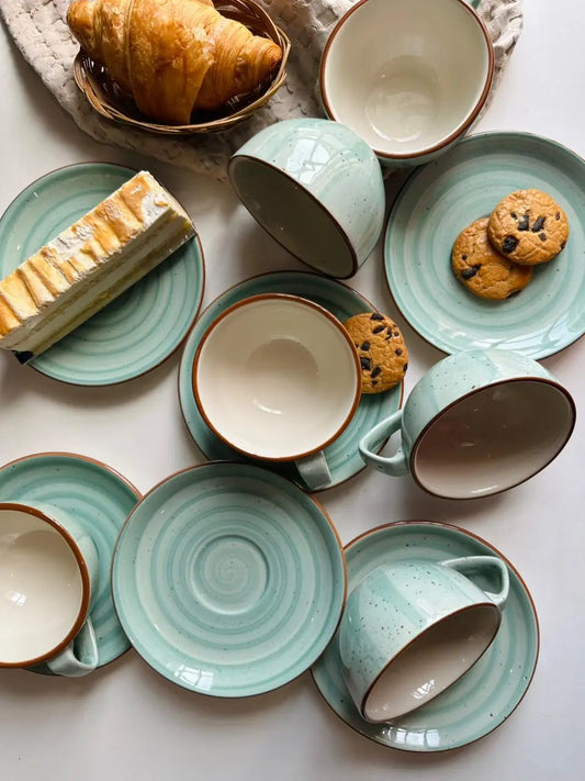 Dune Cups with Saucers (Set of 6) - Aqua