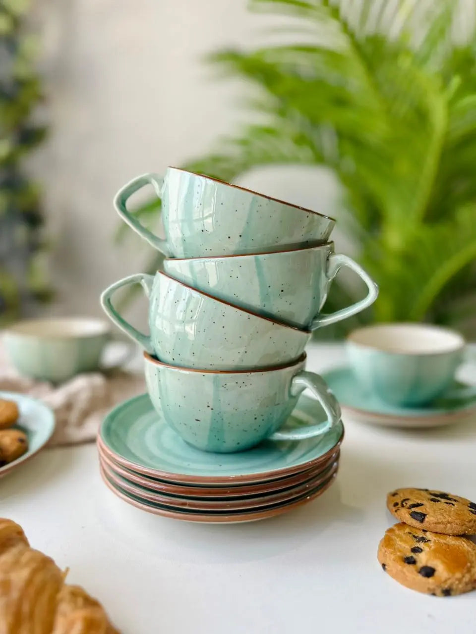 Dune Cups with Saucers (Set of 6) - Aqua
