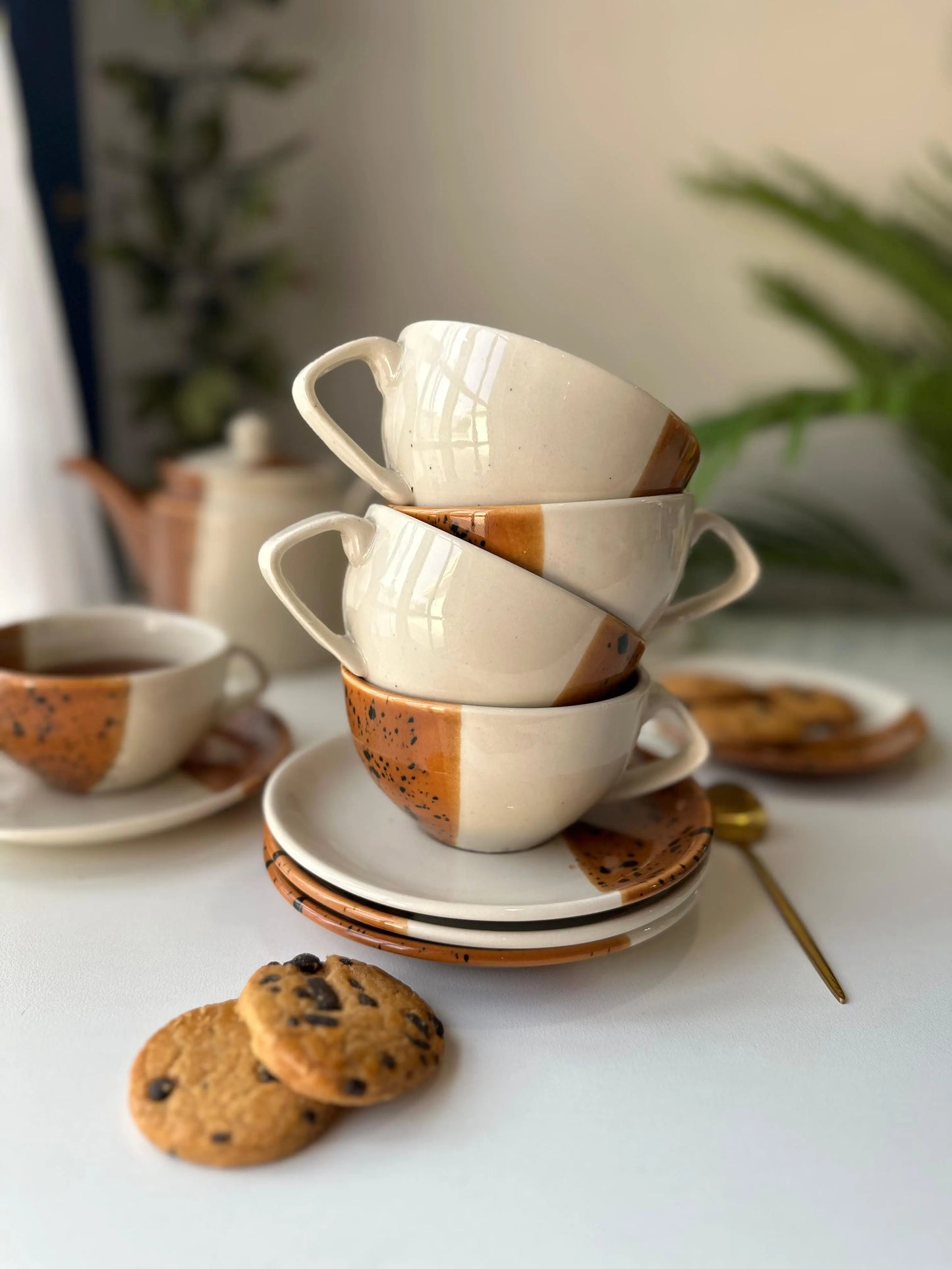 Dune Cups with Saucers (Set of 6) - Burnt Maple