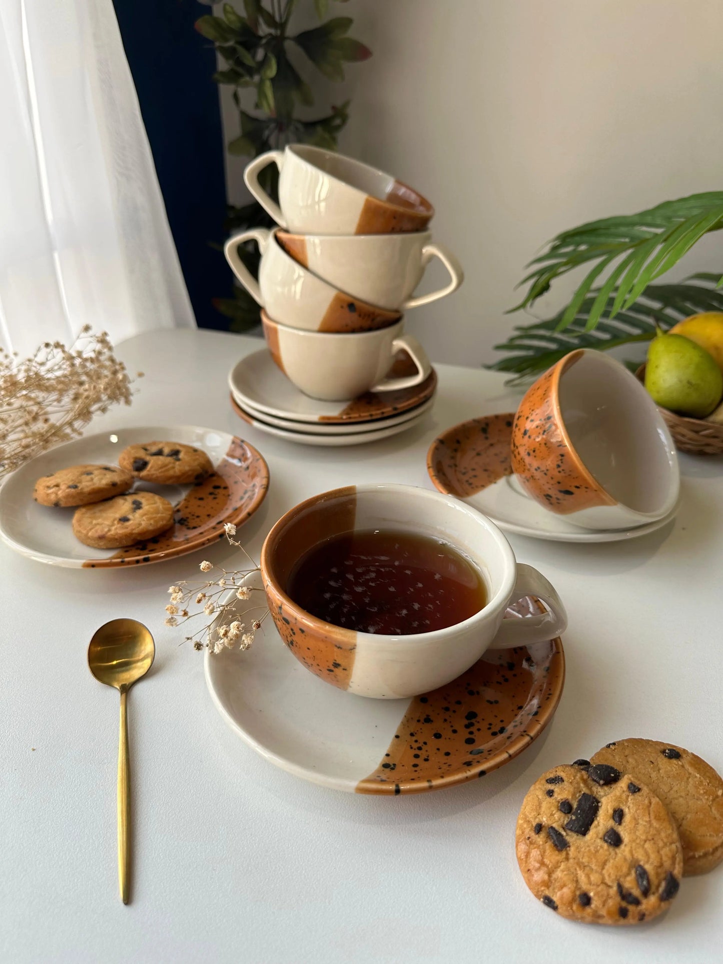 Dune Cups with Saucers (Set of 6) - Burnt Maple