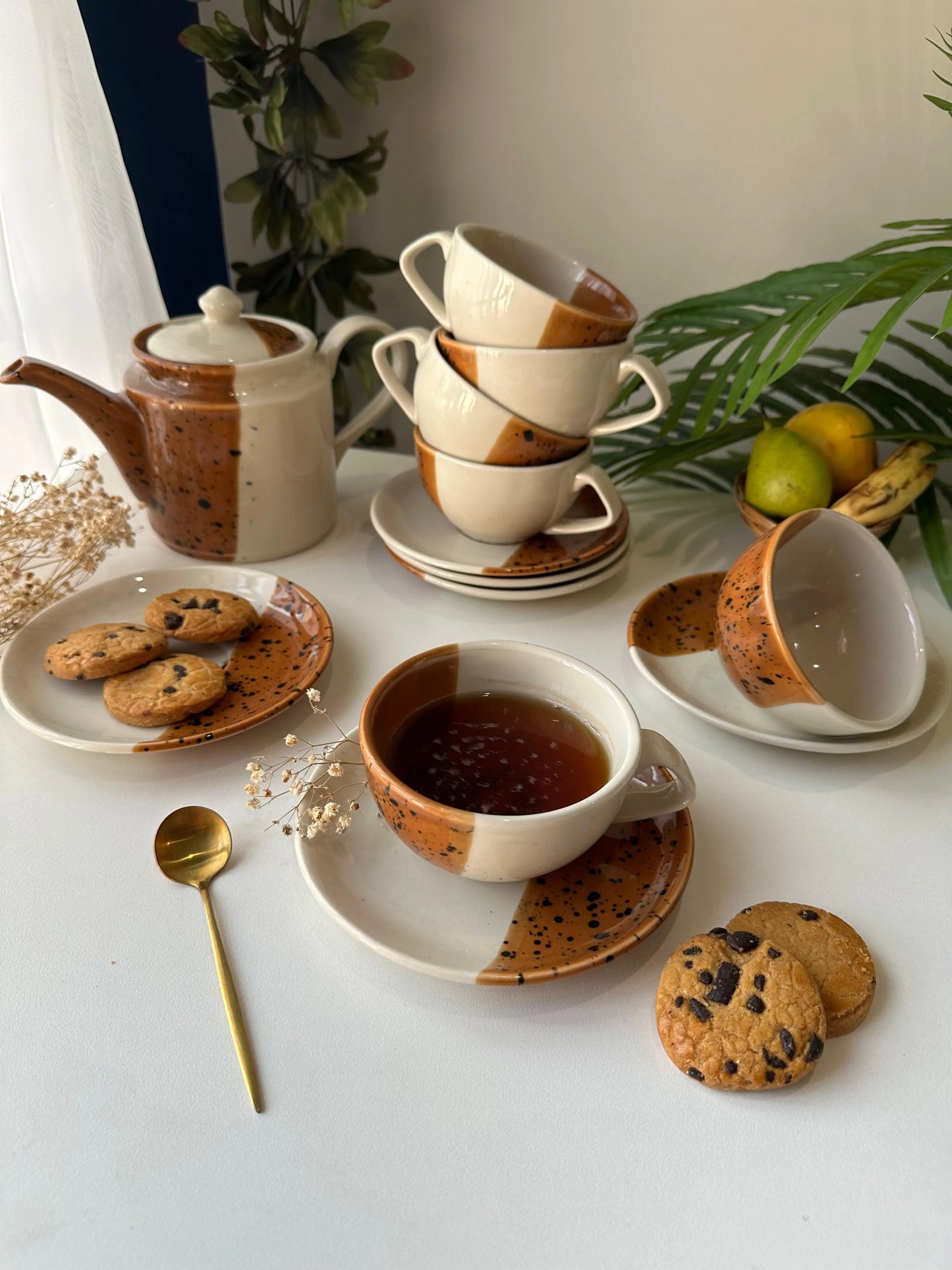 Dune Cups with Saucers (Set of 6) - Burnt Maple