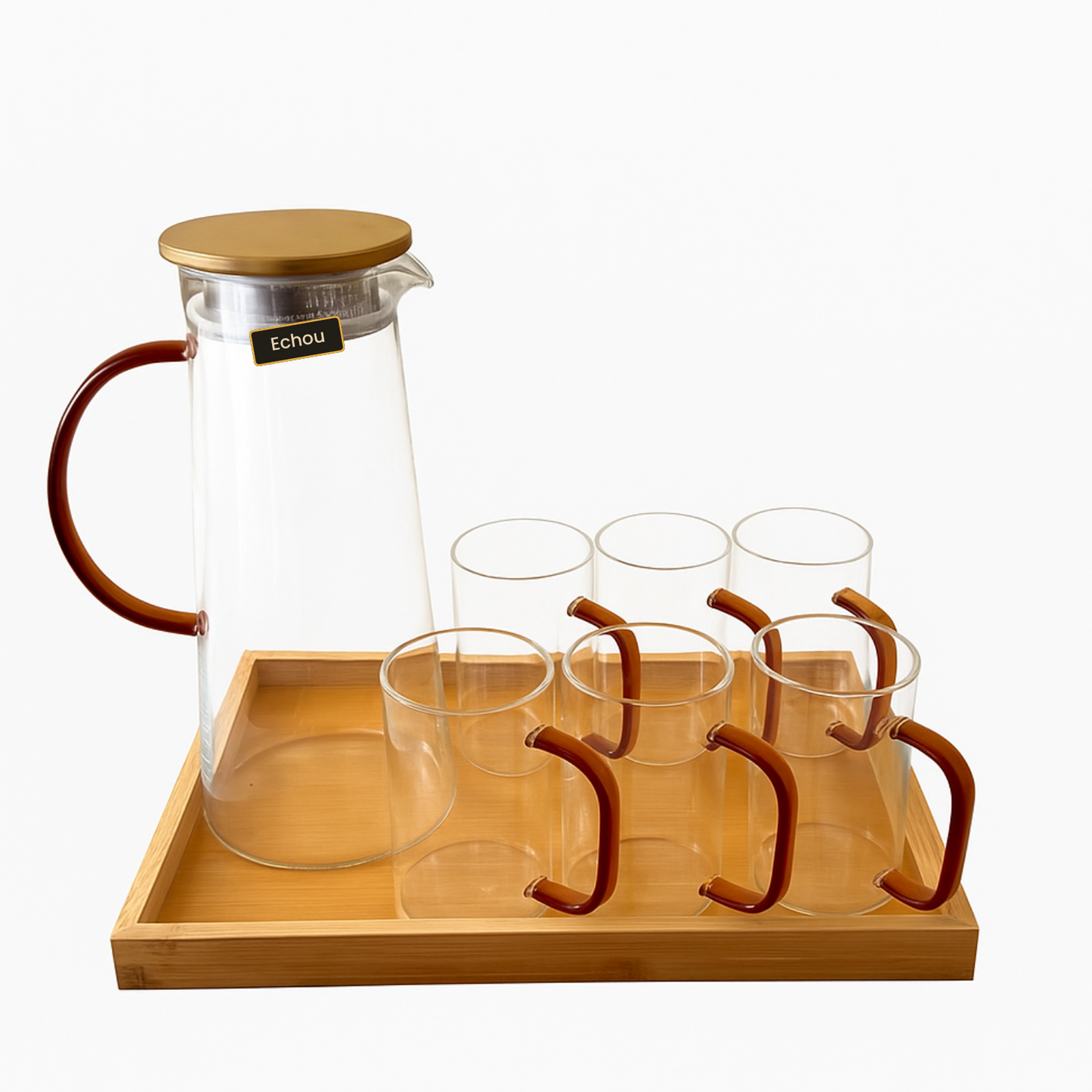Amber Handle Glassware Set with Wooden Tray – 8 Pcs - The Home Palette -  - 