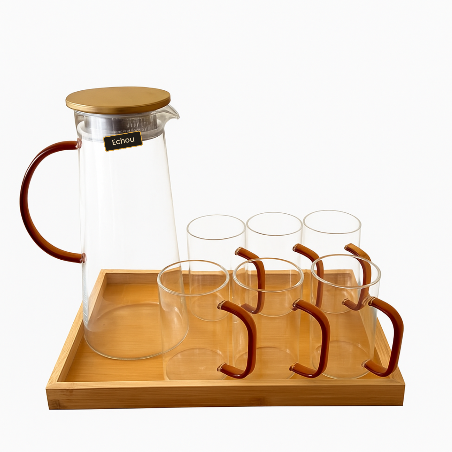 Amber Handle Glassware Set with Wooden Tray – 8 Pcs - The Home Palette -  - 