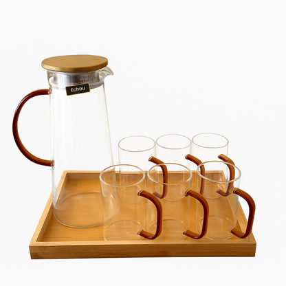 Amber Handle Glassware Set with Wooden Tray – 8 Pcs - The Home Palette -  - 