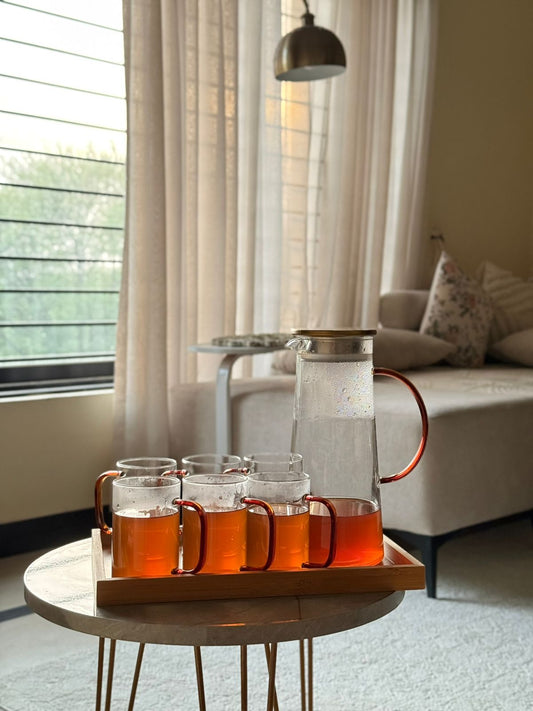 Amber Handle Glassware Set with Wooden Tray – 8 Pcs - The Home Palette -  - 