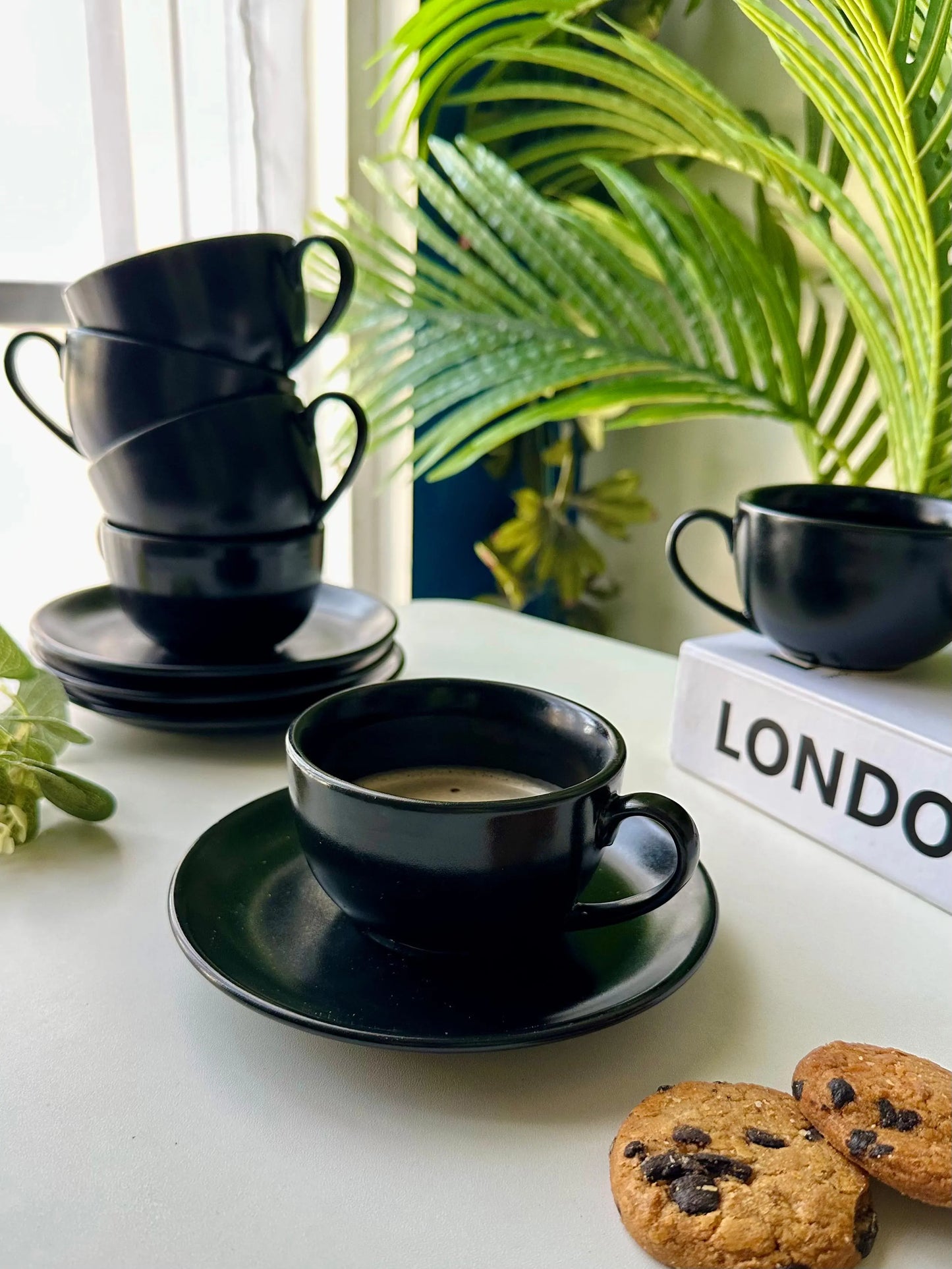 Selin Cups with Saucers (Set of 6) - Black Matte