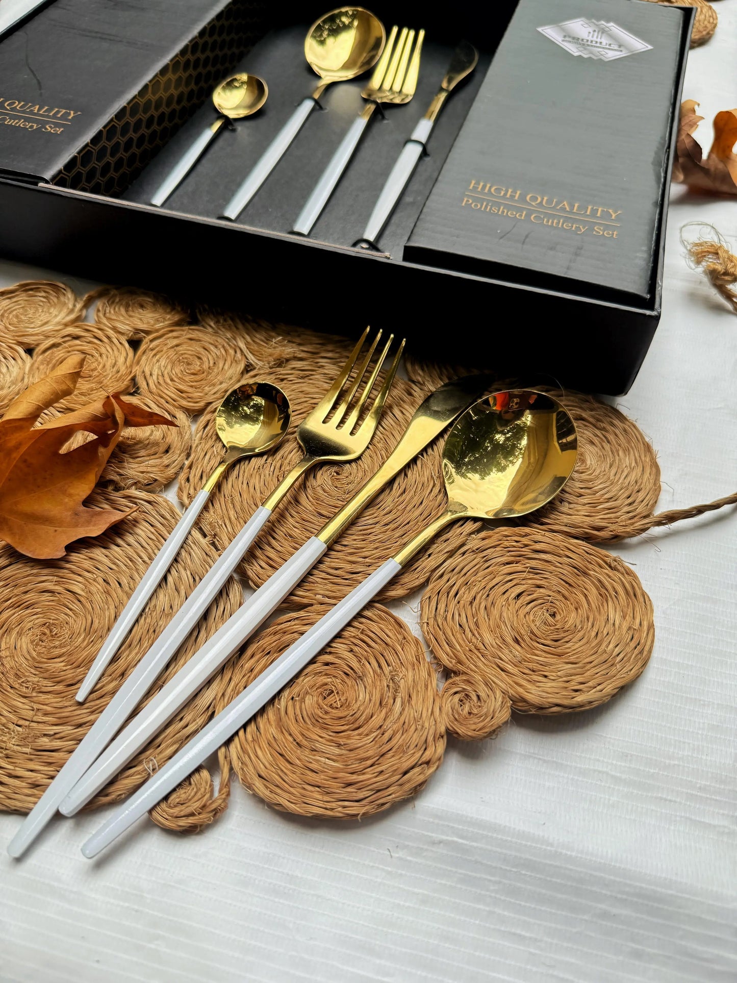 Golden White Cutlery Set - 24 Pcs