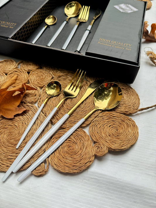 Golden White Cutlery Set - 24 Pcs