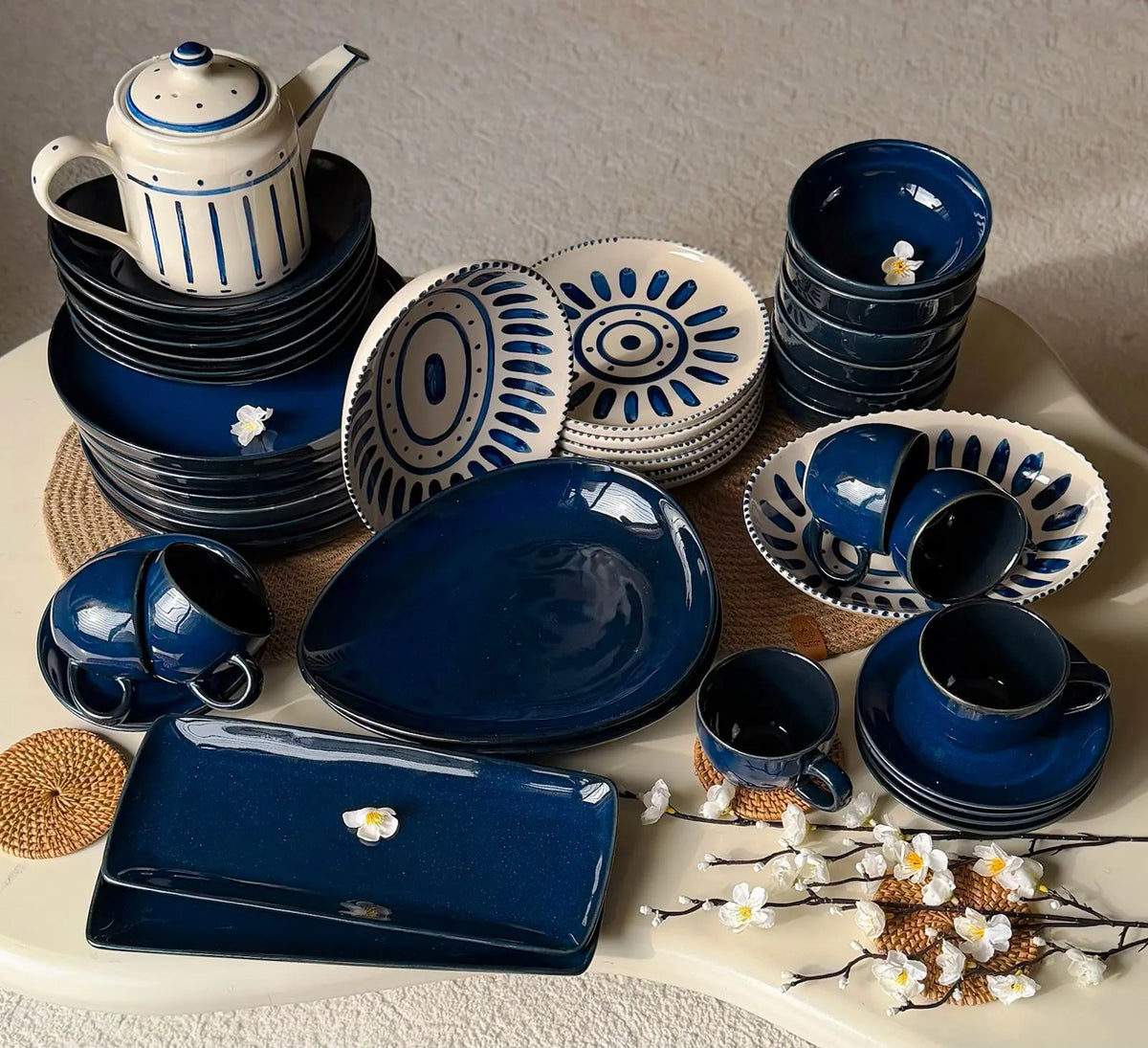 Reactive Santorini Blue Ceramic Dinner Set 37 Pcs