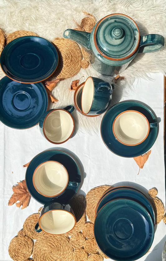Selin Cups with Saucers (Set of 6) - Teal - The Home Palette -  - cups