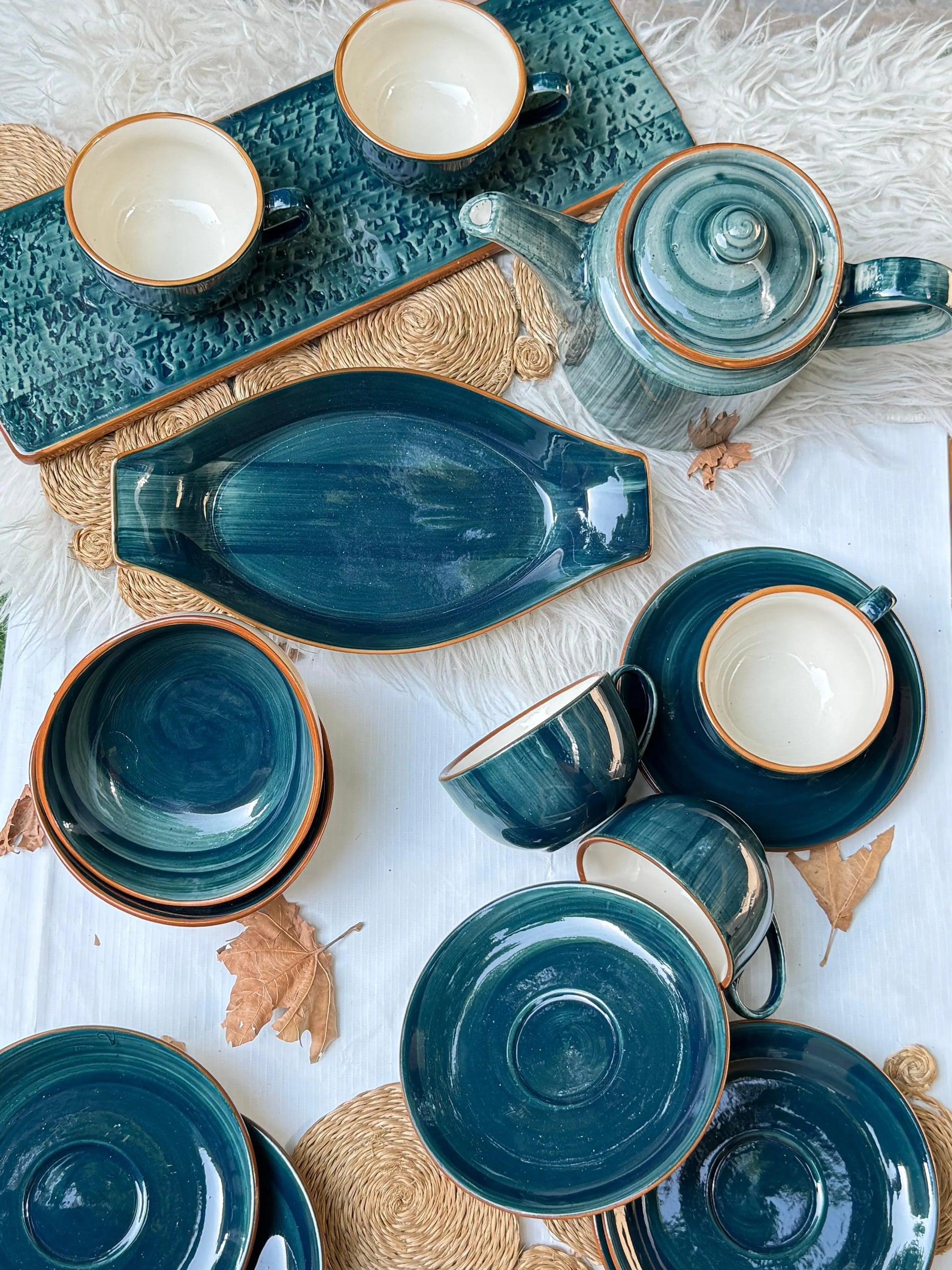 Selin Cups with Saucers (Set of 6) - Teal - The Home Palette -  - cups